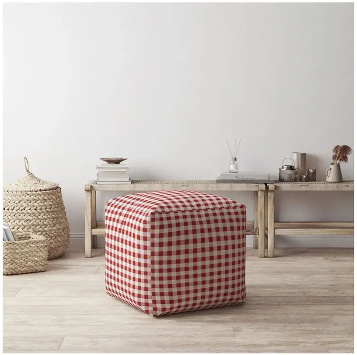 Cotton Gingham Pouf Ottoman - Red / White