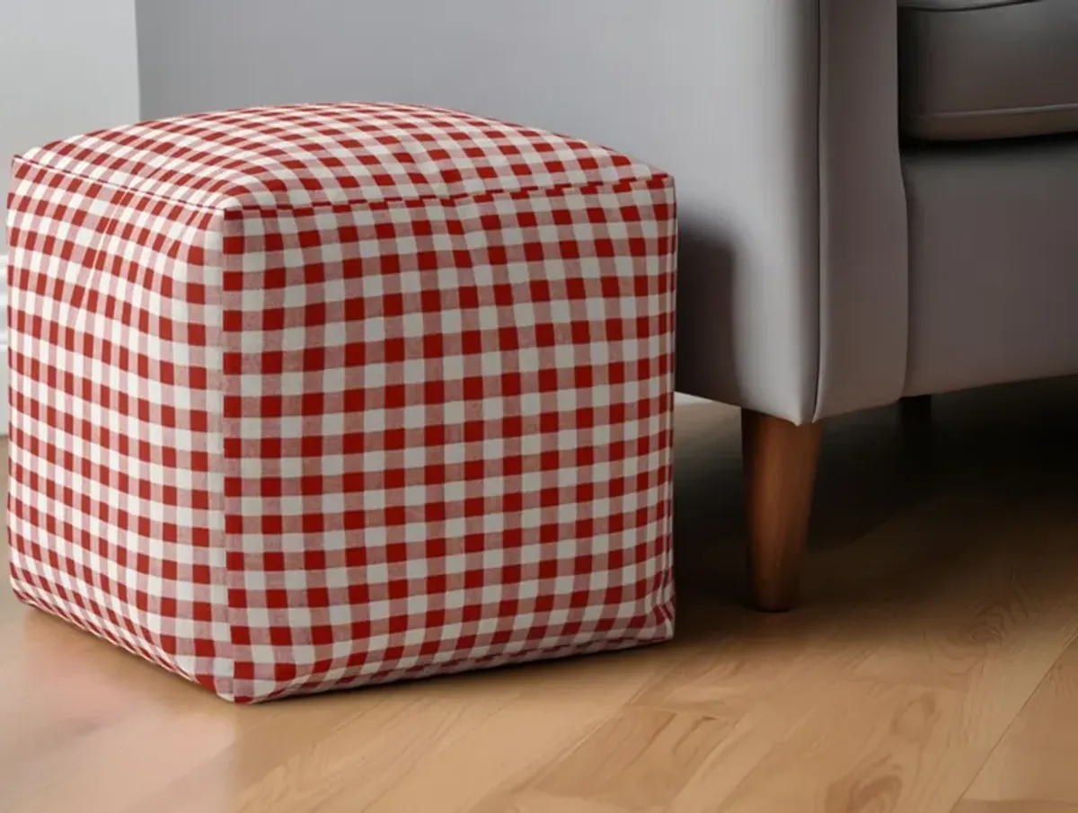 Cotton Gingham Pouf Ottoman - Red / White