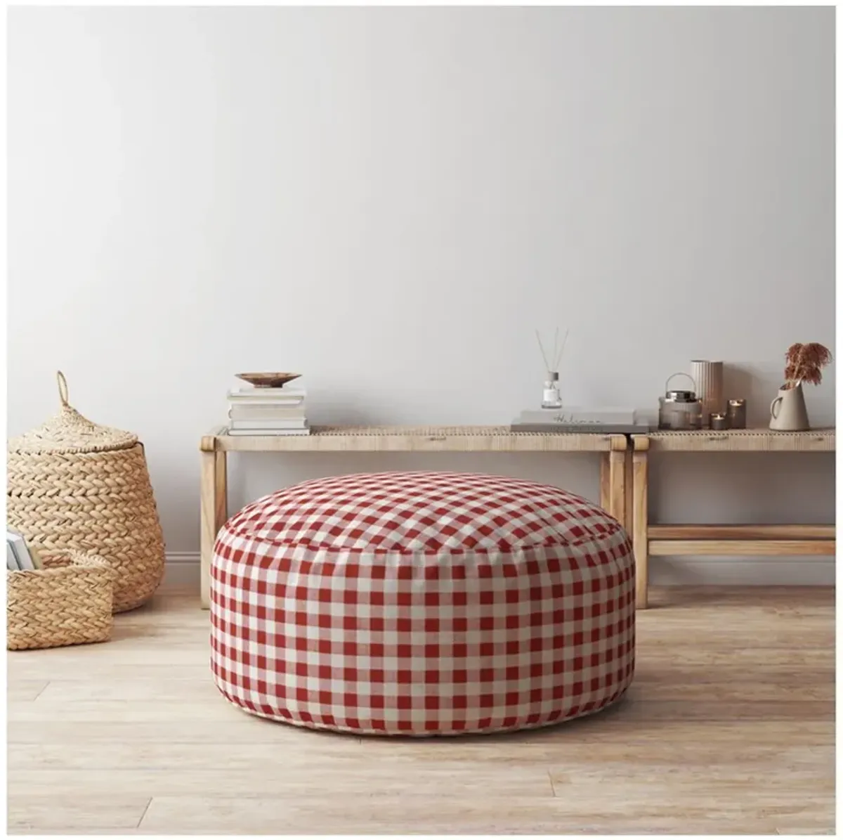 Cotton Round Gingham Pouf Ottoman - Red / White