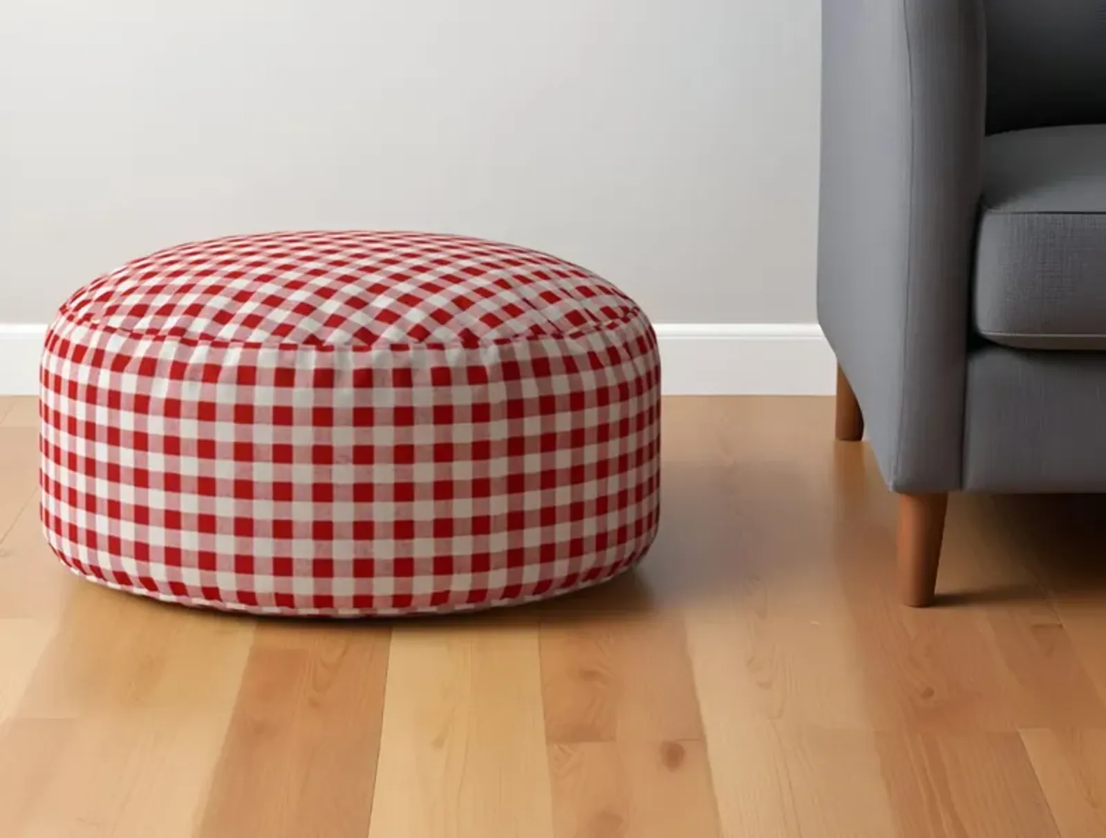 Cotton Round Gingham Pouf Ottoman - Red / White