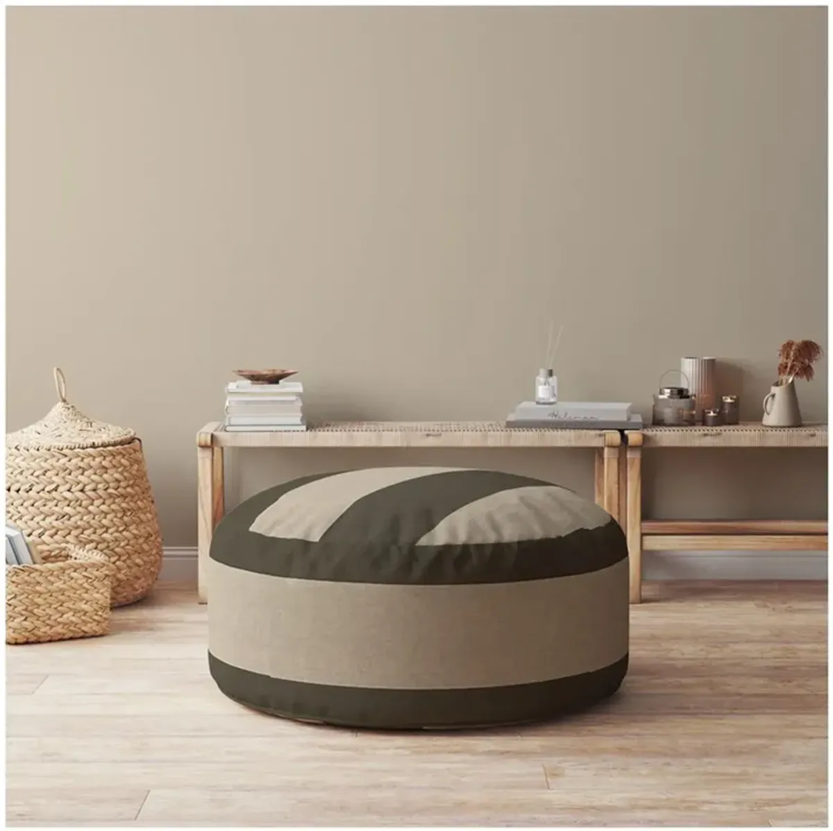 Cotton Round Striped Pouf Ottoman - Green