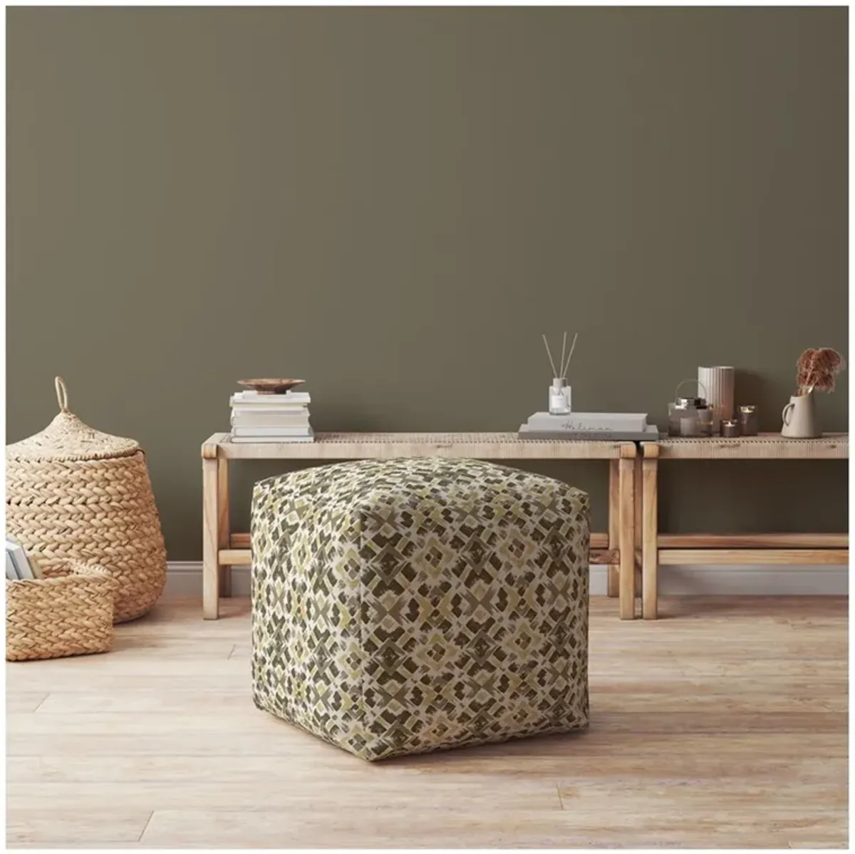 Cotton Geometric Pouf Ottoman - Beige