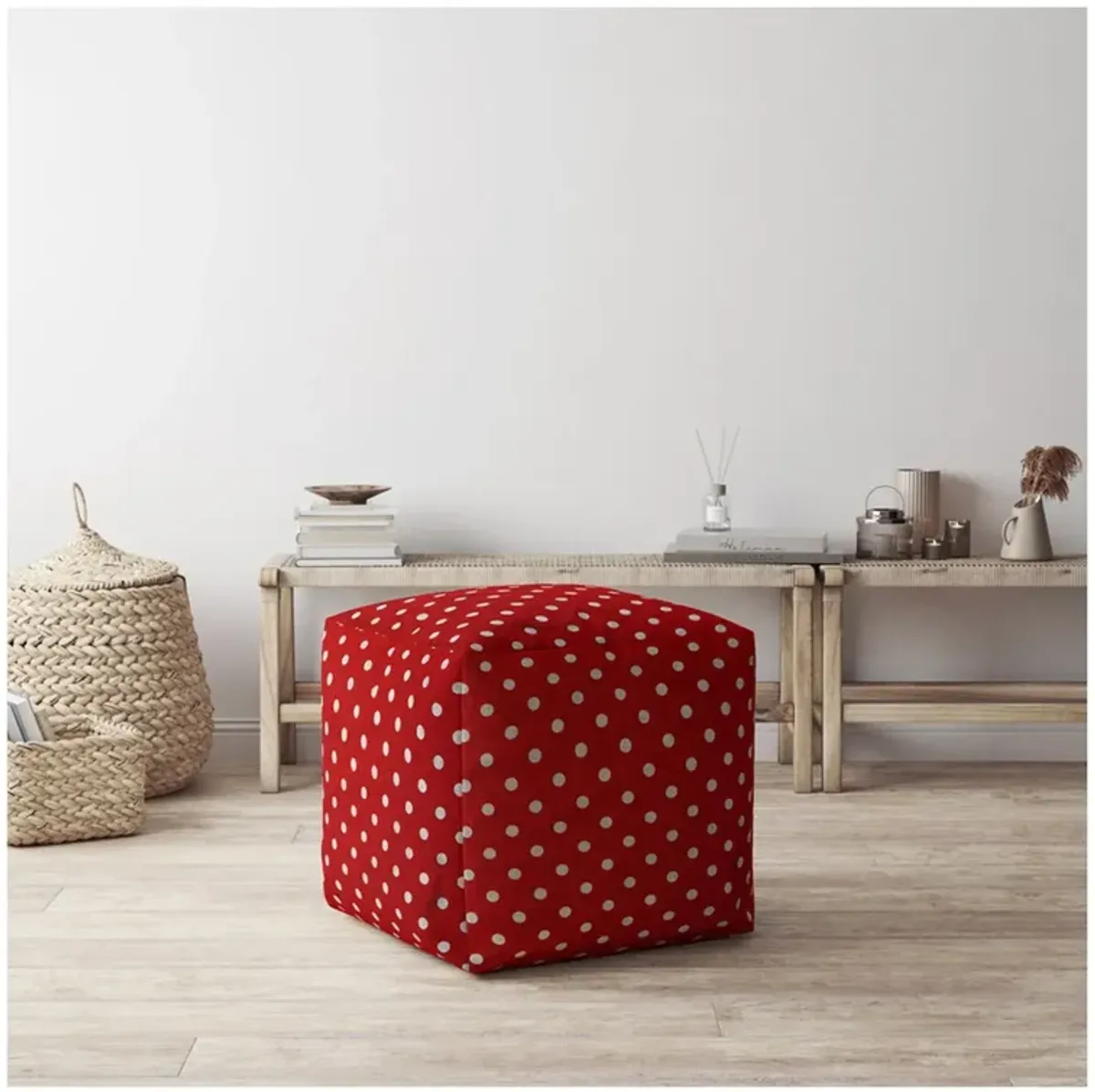 Cotton Polka Dots Pouf Ottoman - Red