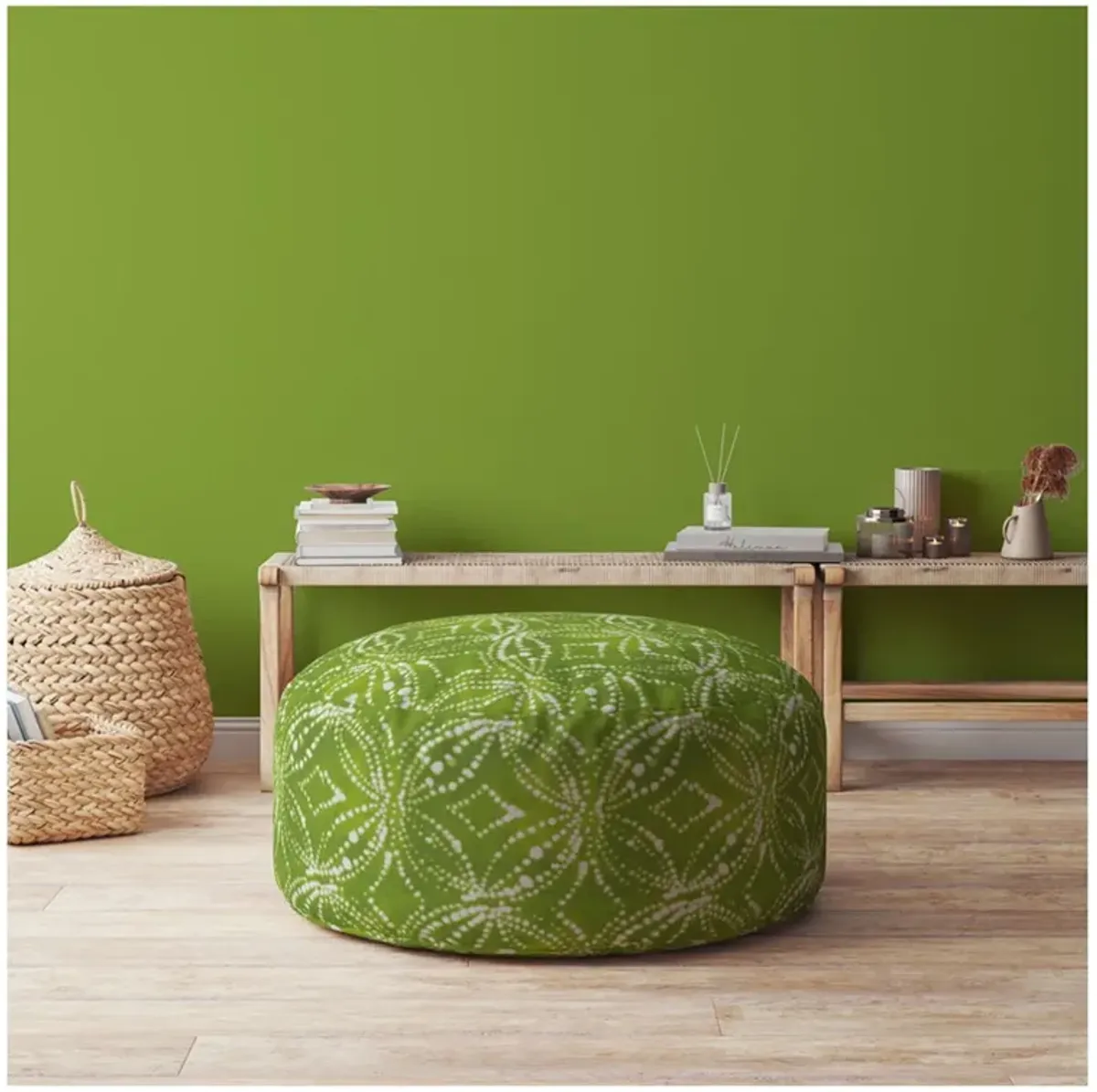 Cotton Round Damask Pouf Ottoman - Green / White