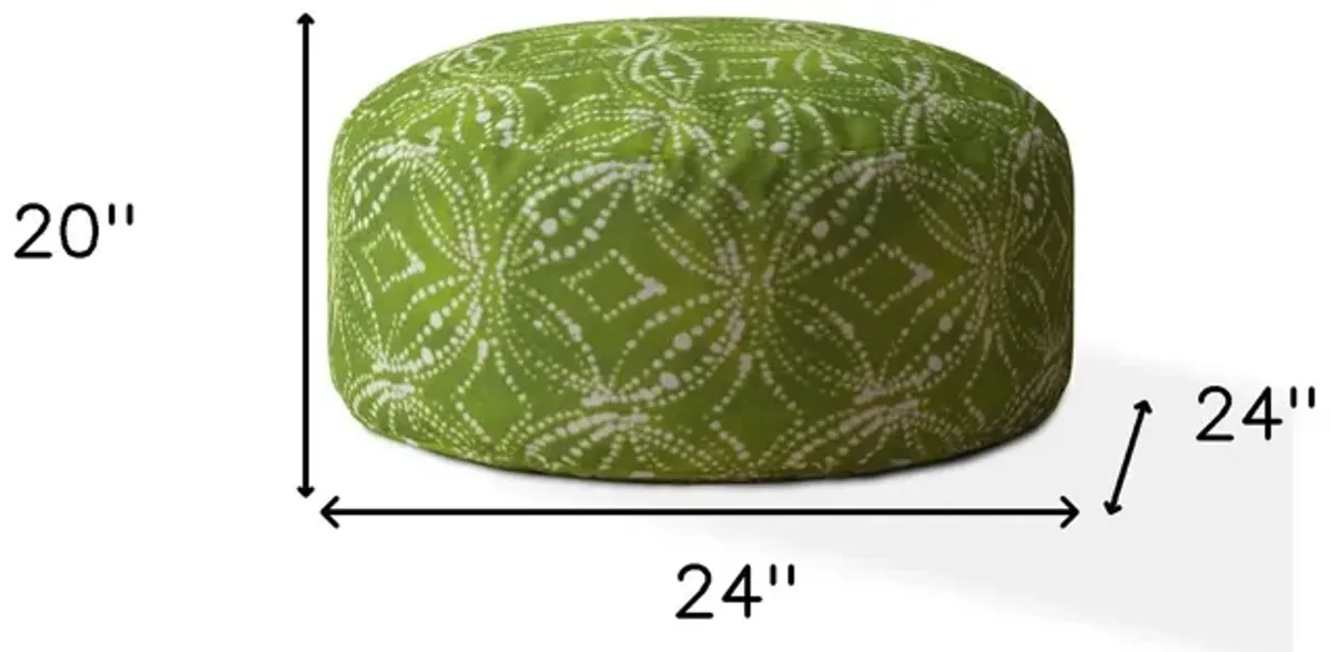 Cotton Round Damask Pouf Ottoman - Green / White