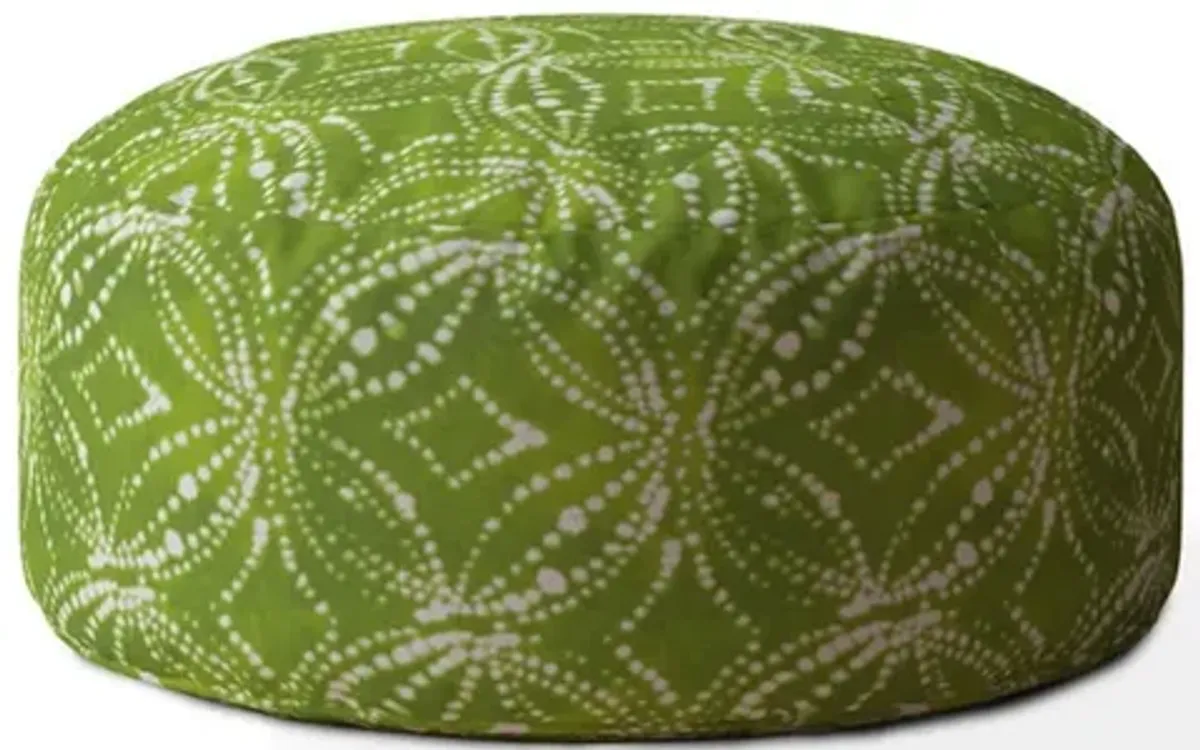 Cotton Round Damask Pouf Ottoman - Green / White