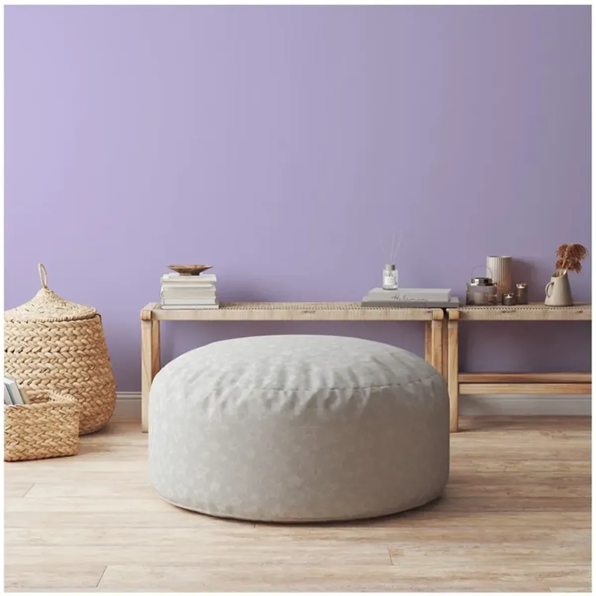 Cotton Round Abstract Pouf Ottoman - Gray