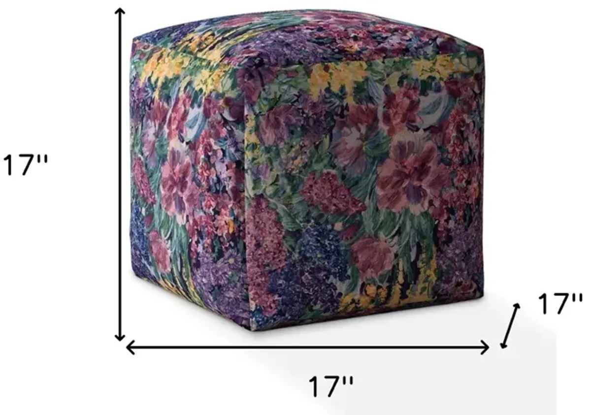 Cotton Floral Pouf Ottoman - Green