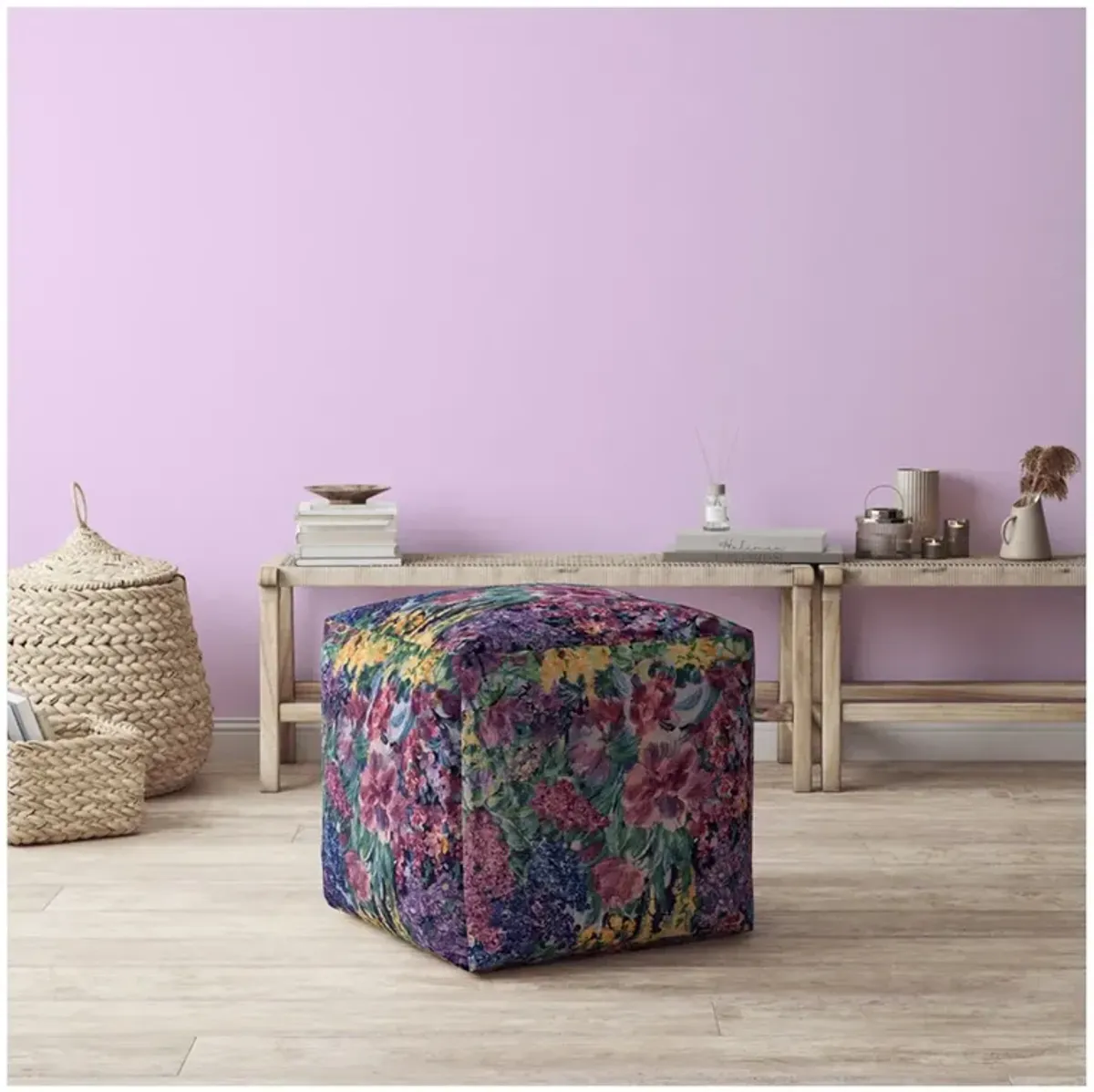 Cotton Floral Pouf Ottoman - Green