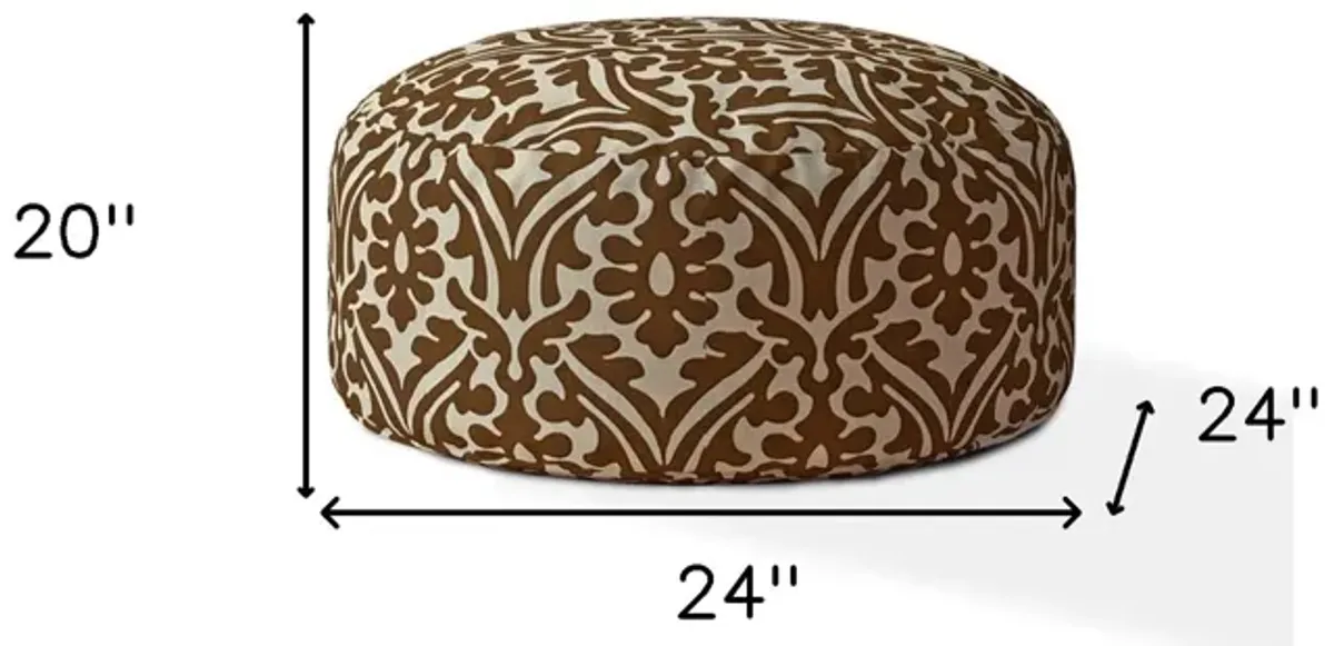 Cotton Round Damask Pouf Ottoman - Brown