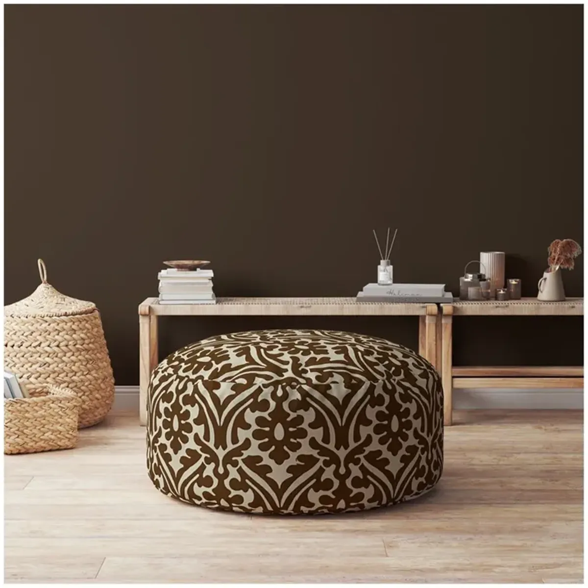 Cotton Round Damask Pouf Ottoman - Brown