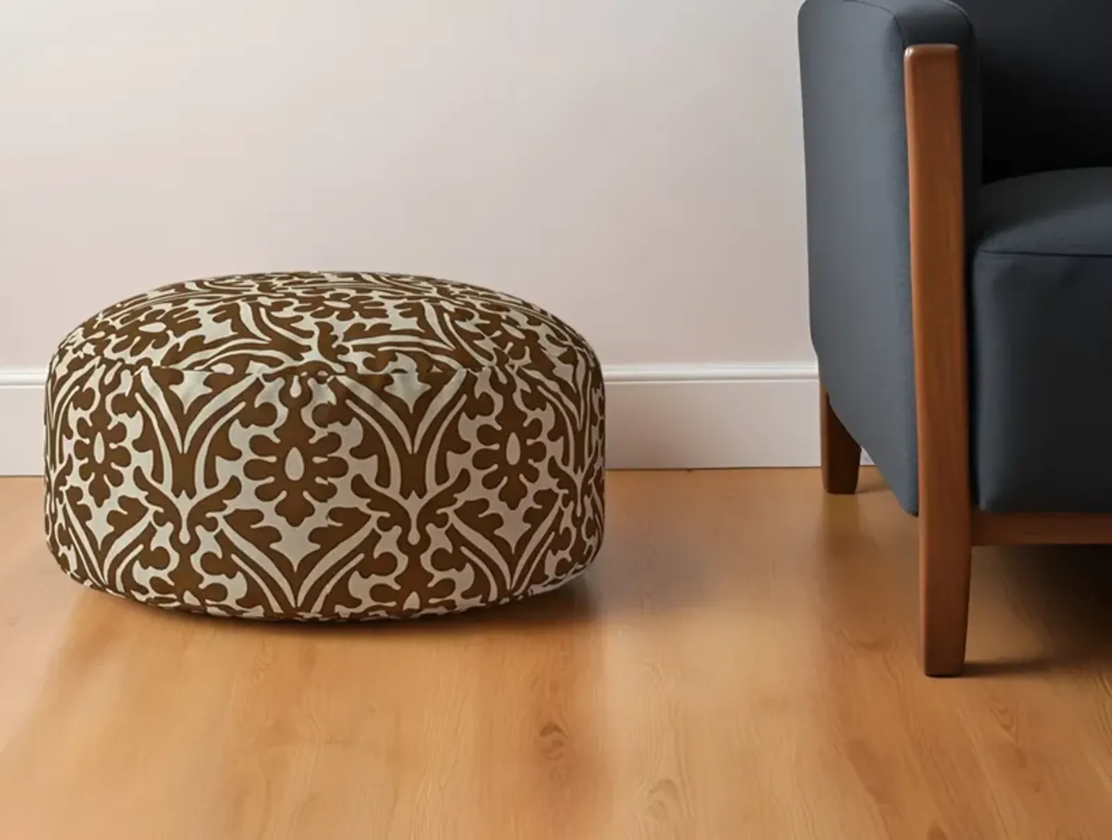 Cotton Round Damask Pouf Ottoman - Brown