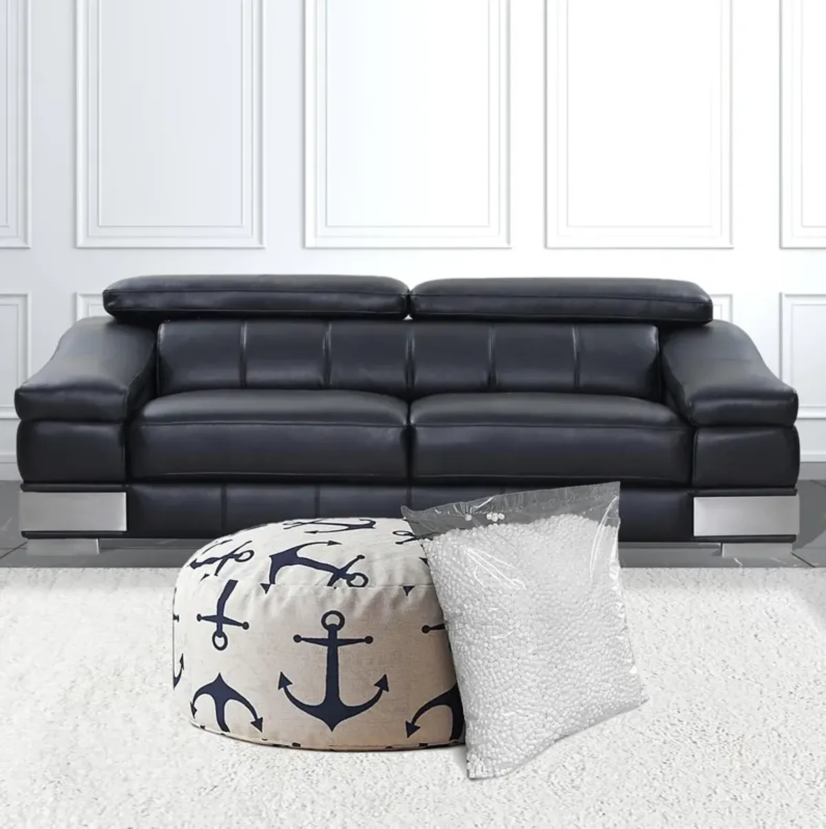 Canvas Round Anchor Pouf Cover - Blue