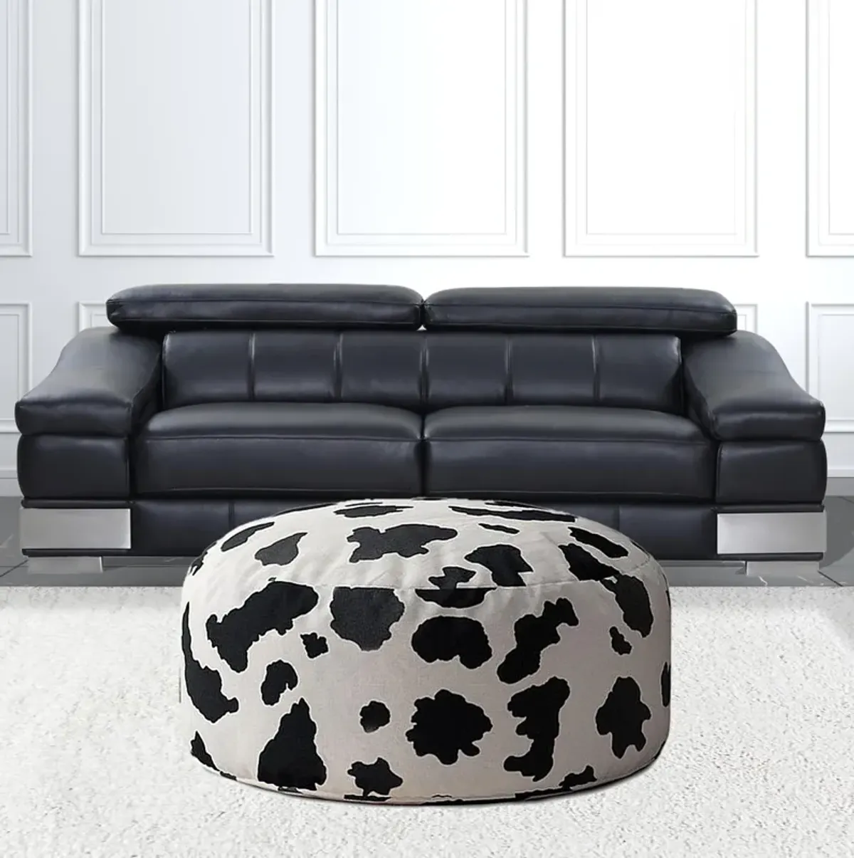 Twill Round Animal Print Pouf Cover - Black / White