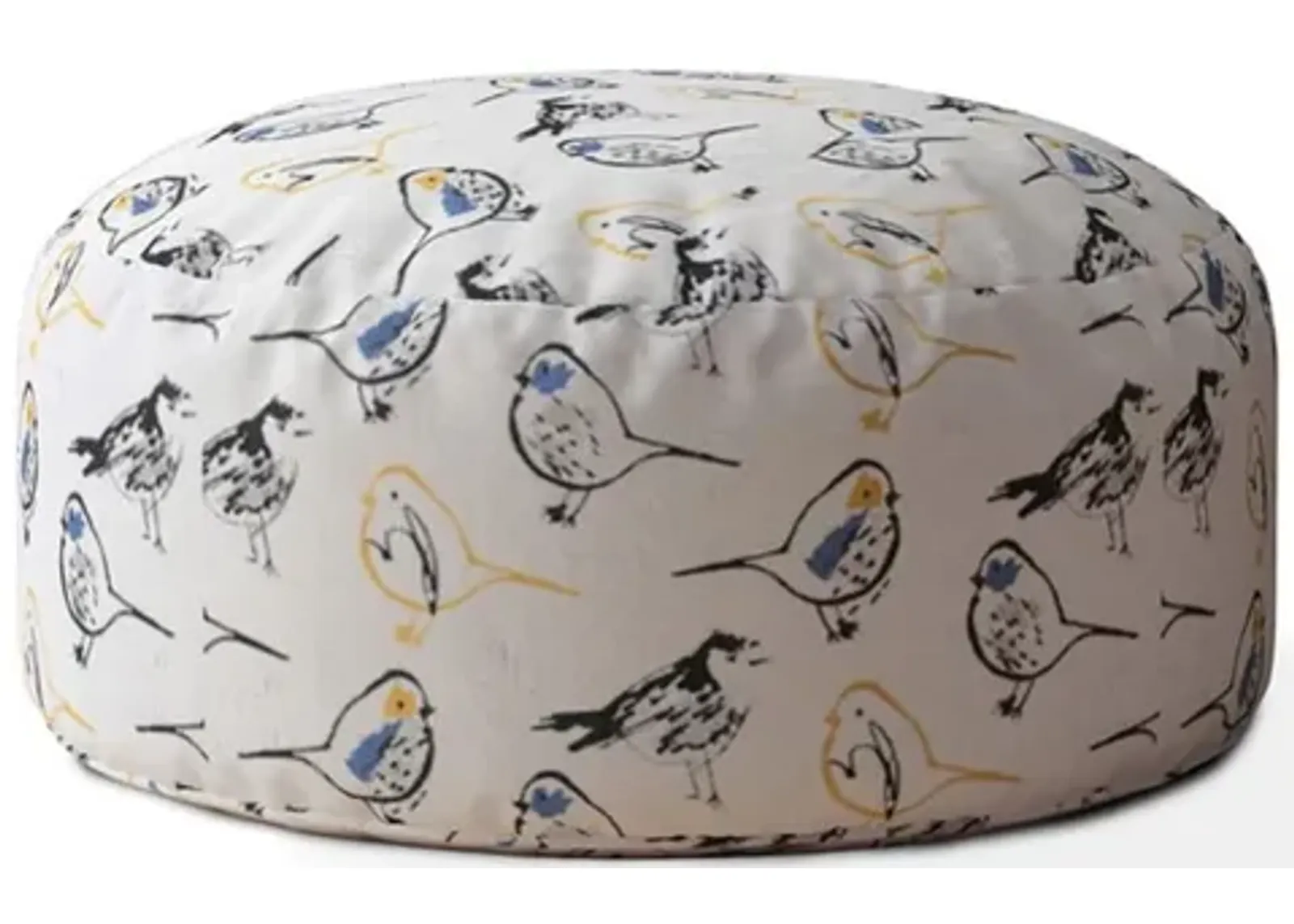 Canvas Round Birds Pouf Cover - Yellow / White