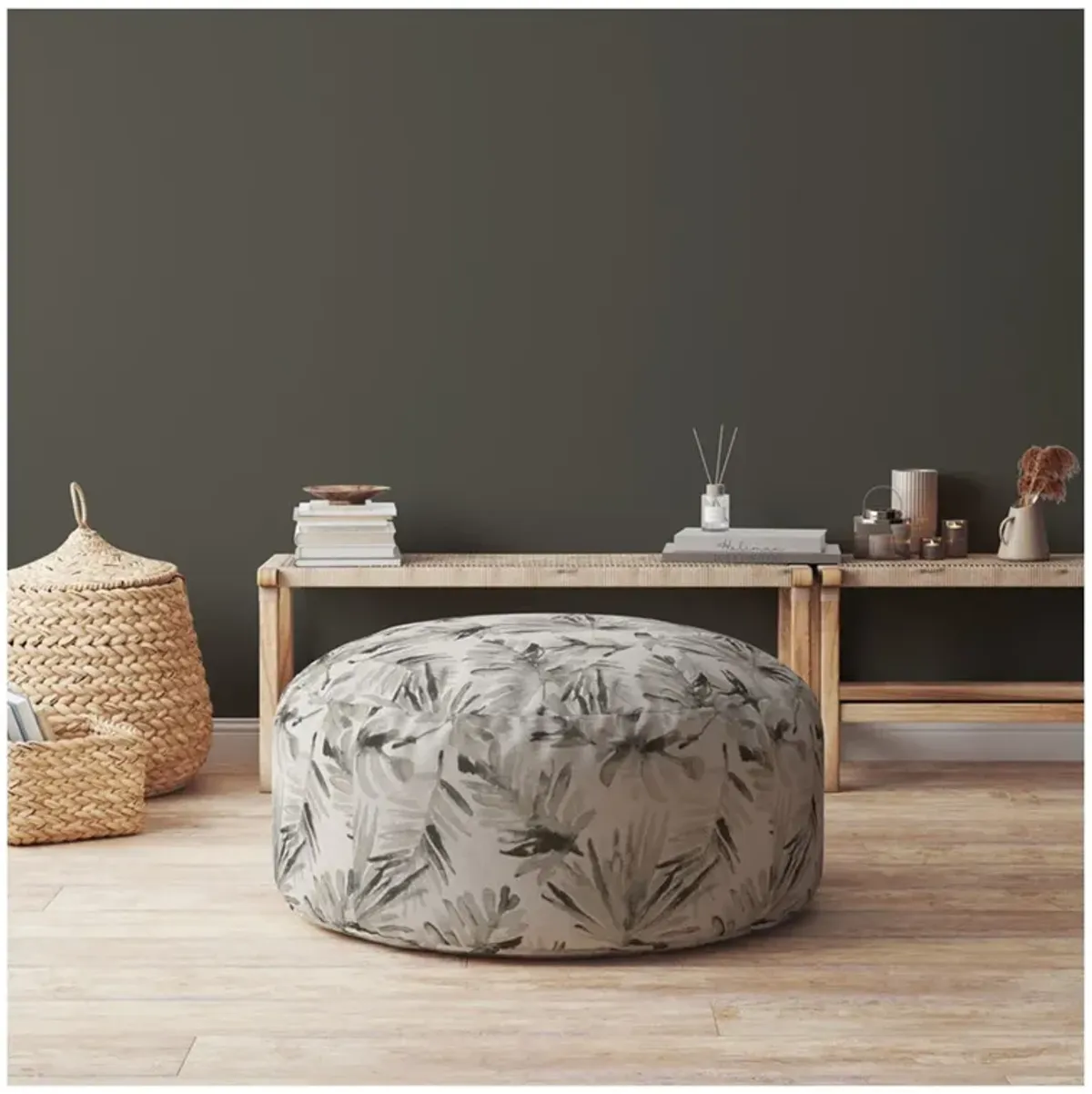 Cotton Round Floral Pouf Cover - Beige