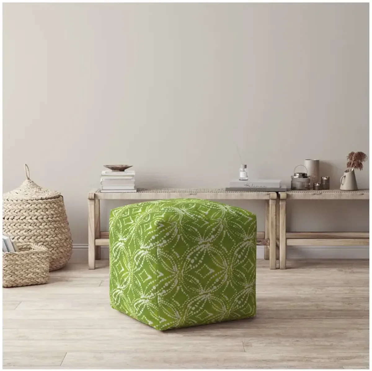 Cotton Damask Pouf Cover - Green / White