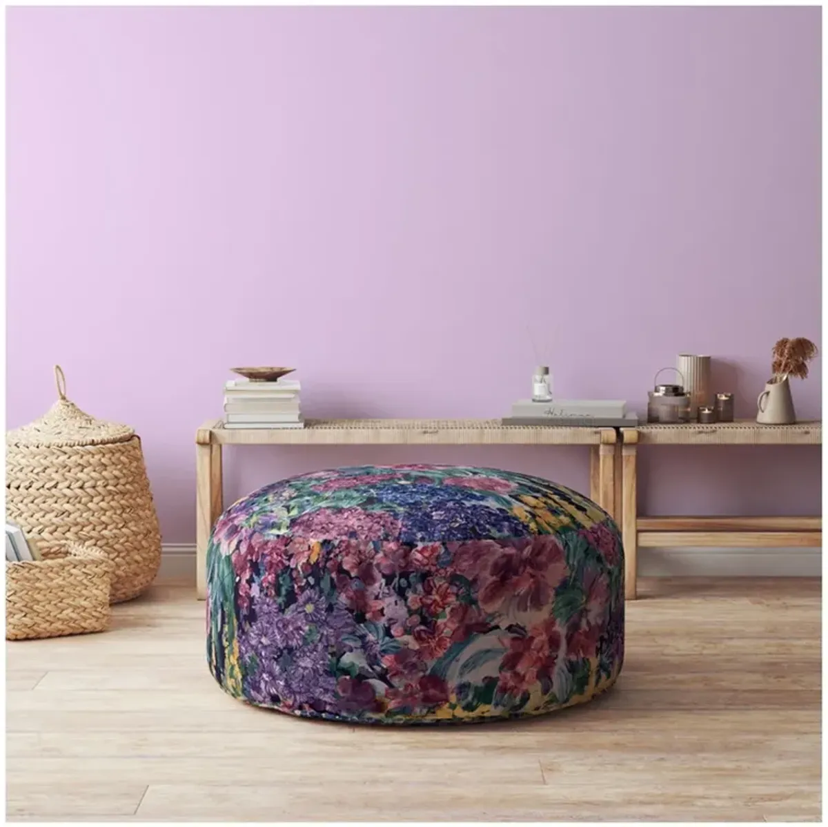 Cotton Round Floral Pouf Cover - Blue / Green