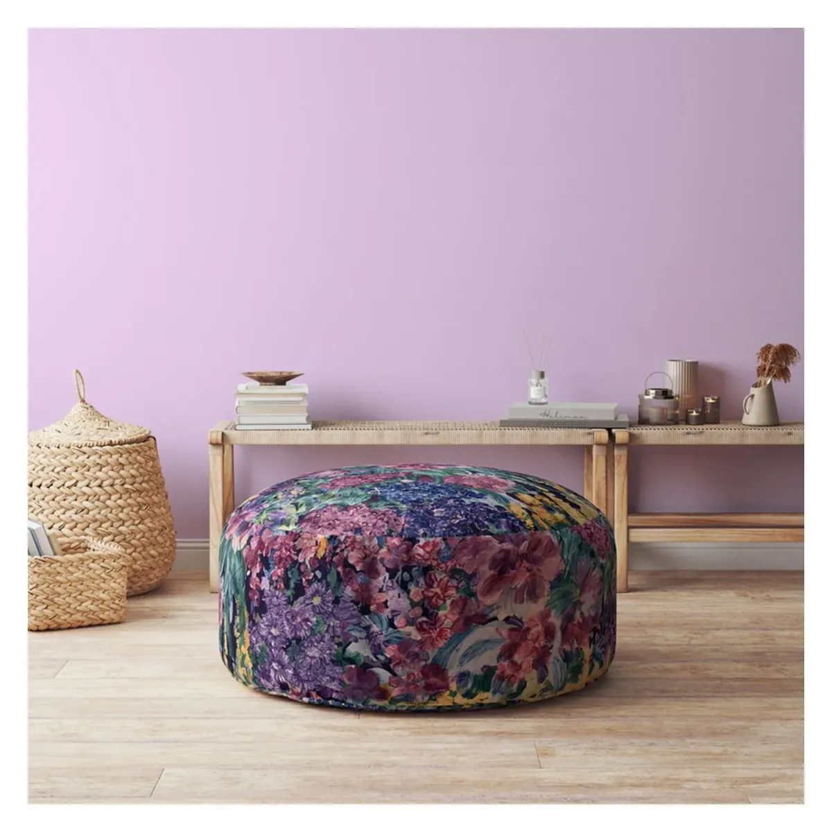 Cotton Round Floral Pouf Cover - Blue / Green