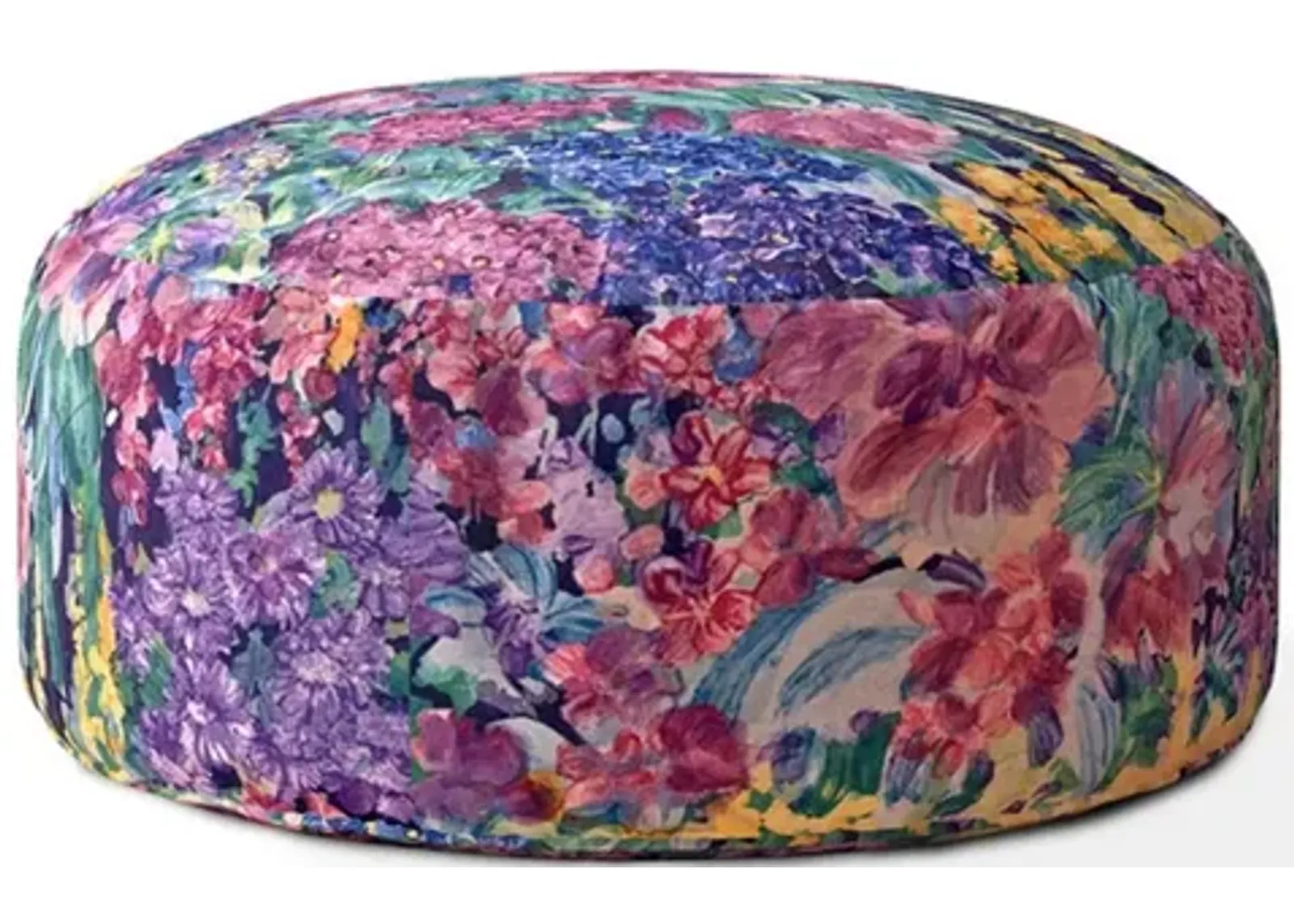 Cotton Round Floral Pouf Cover - Blue / Green