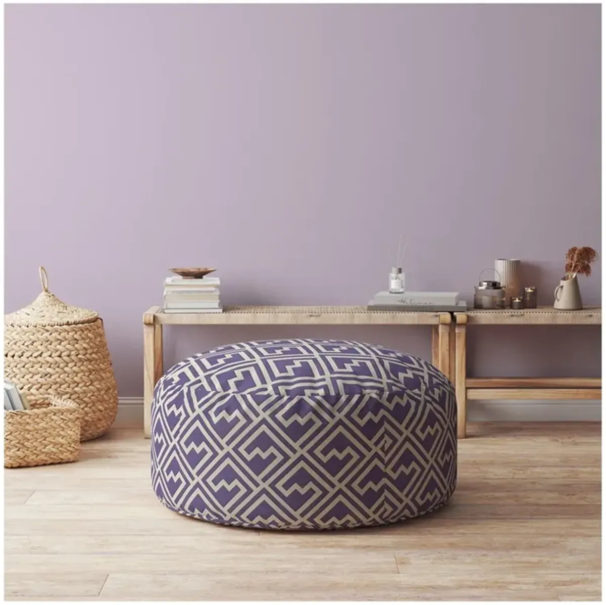 Cotton Round Abstract Pouf Cover - Purple / White