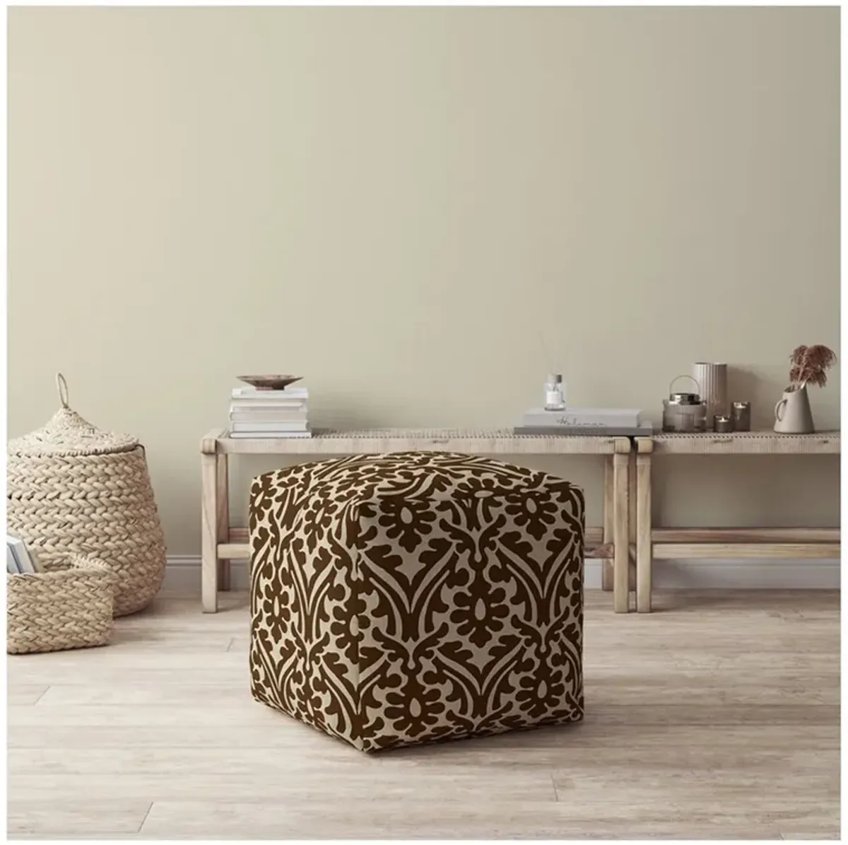 Cotton Damask Pouf Cover - Brown