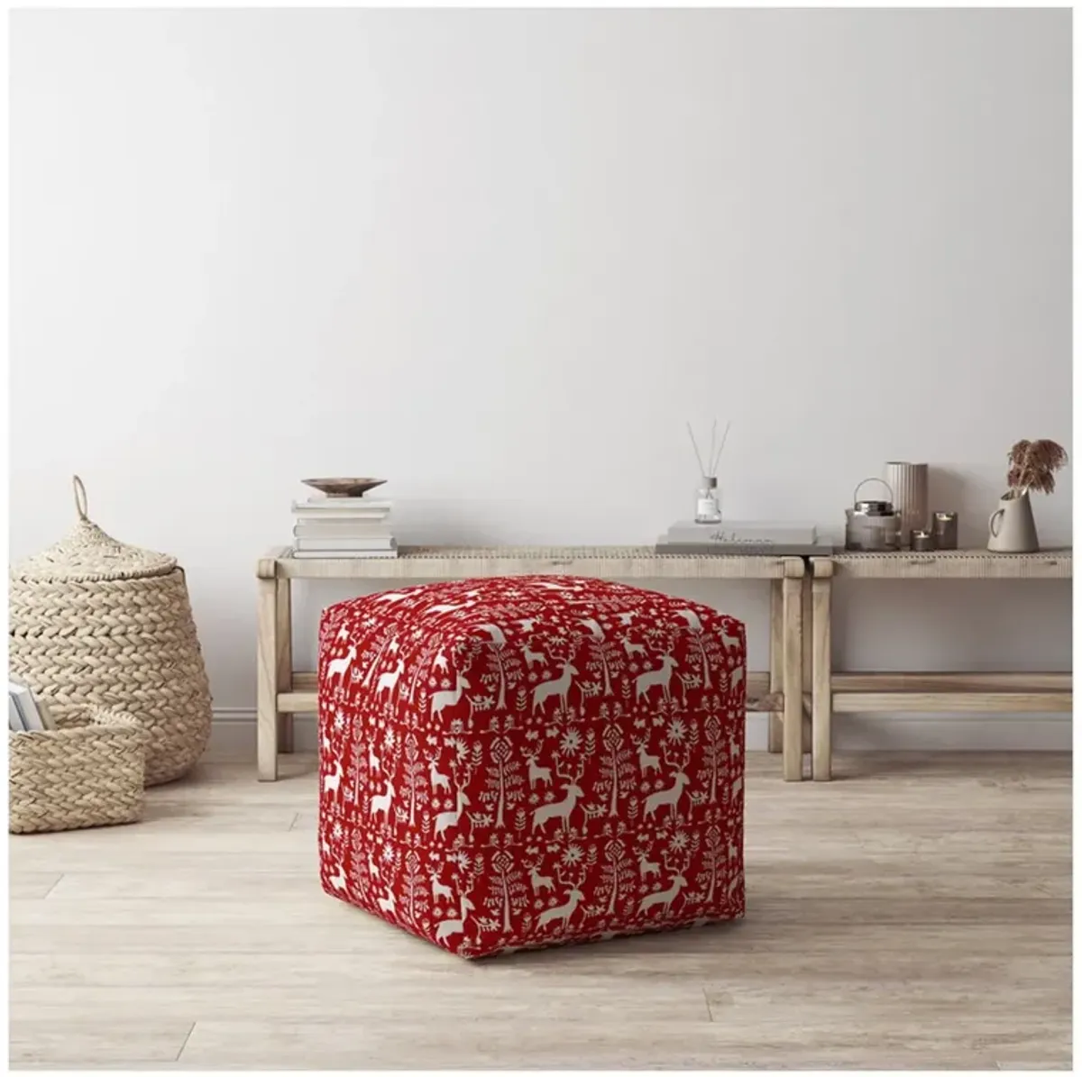 Cotton Stag Pouf Cover - Red / White