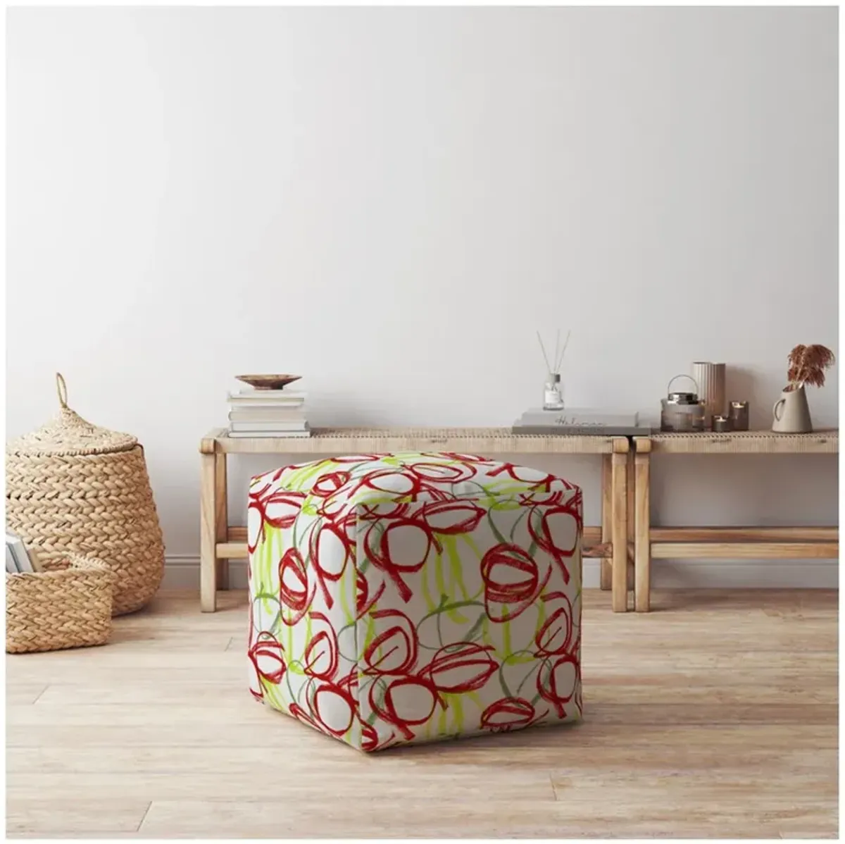 Cotton Abstract Pouf Ottoman - Red / White