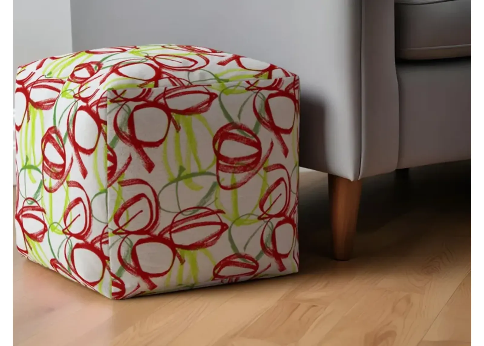 Cotton Abstract Pouf Ottoman - Red / White