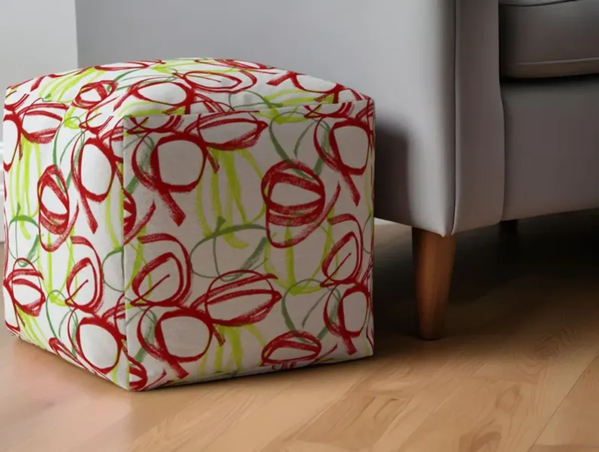 Cotton Abstract Pouf Ottoman - Red / White