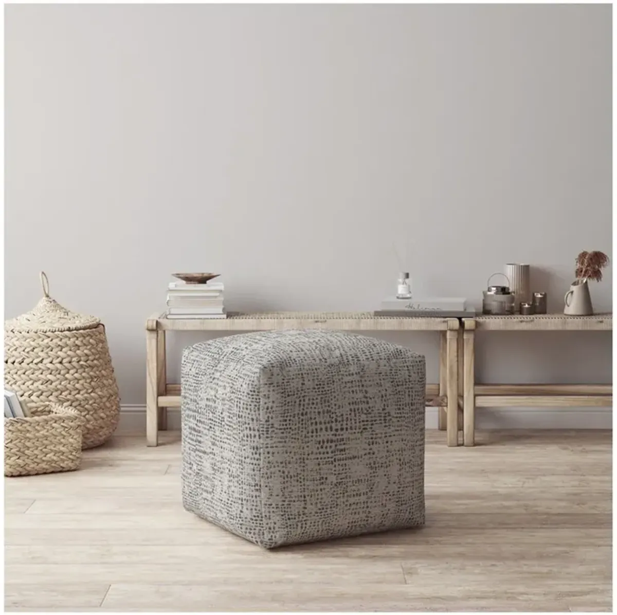 Canvas Abstract Pouf Ottoman - Beige