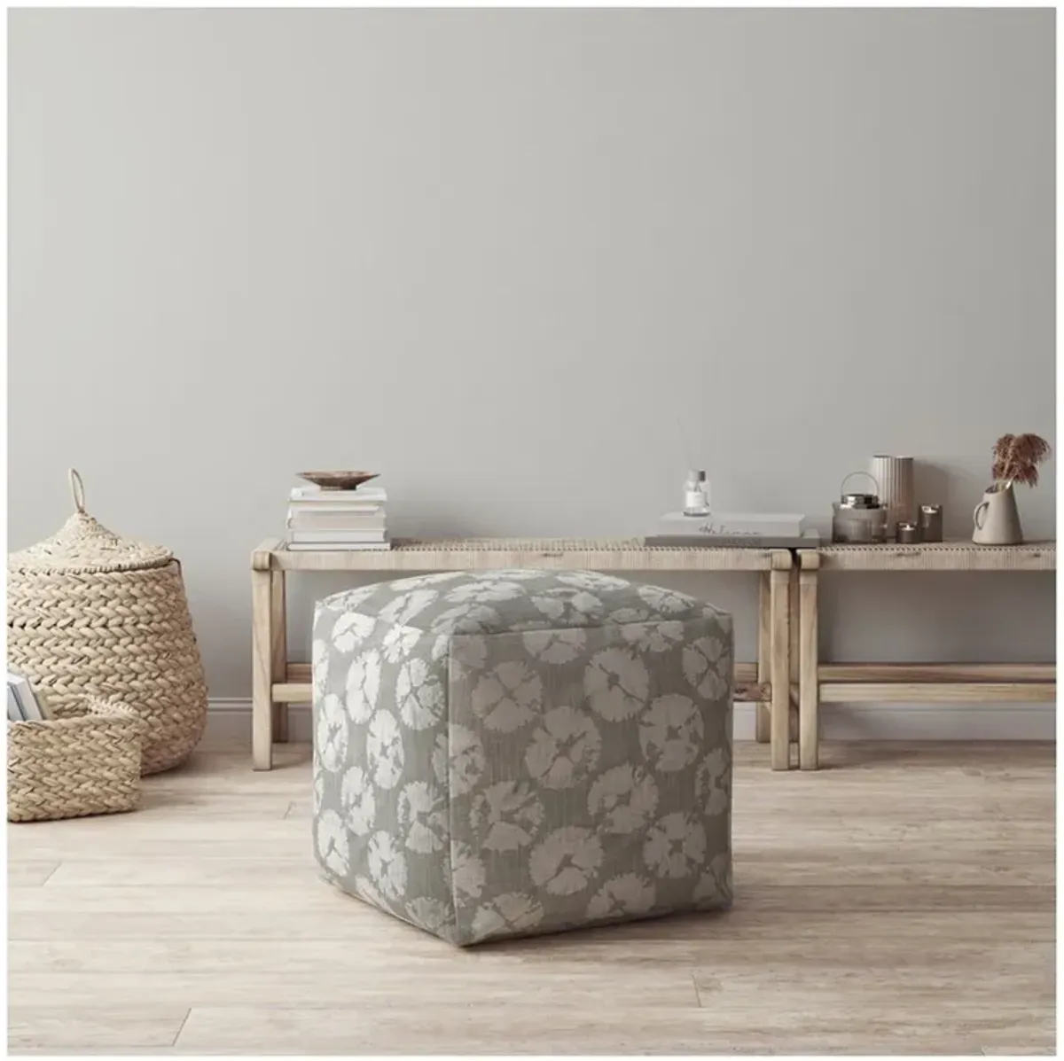 Canvas Floral Pouf Ottoman - Gray