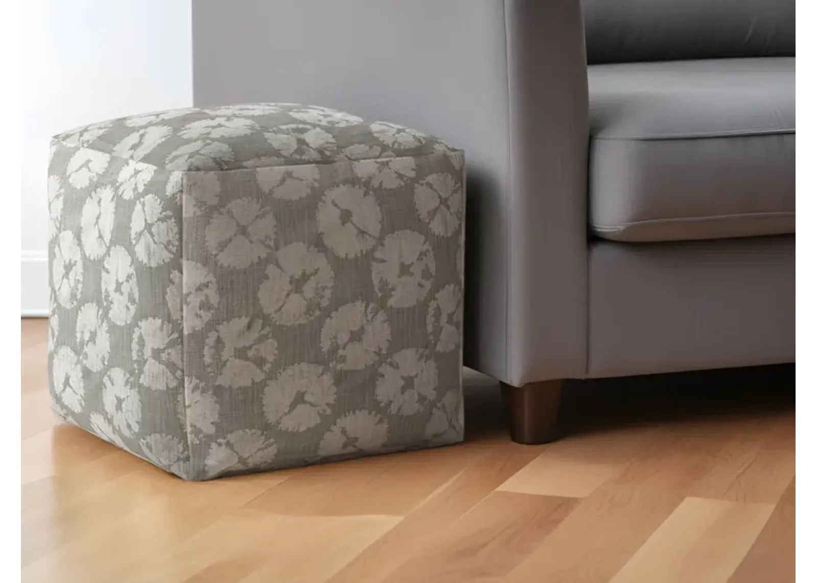 Canvas Floral Pouf Ottoman - Gray