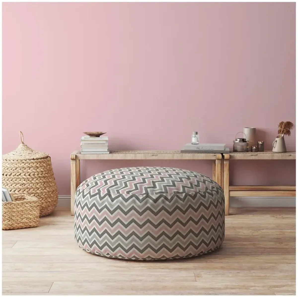 Twill Round Chevron Pouf Ottoman - Gray