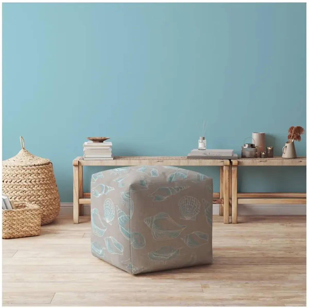 Canvas Seashell Pouf Cover - Blue