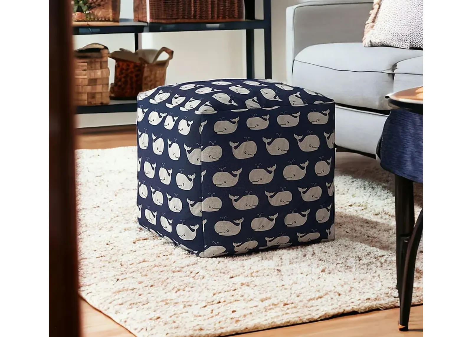 Twill Whale Pouf Cover - Blue