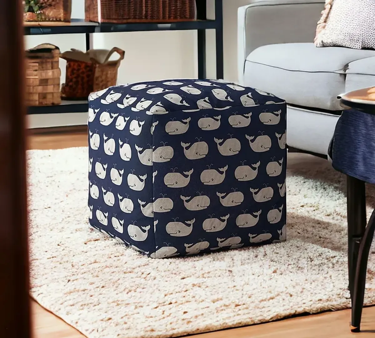 Twill Whale Pouf Cover - Blue