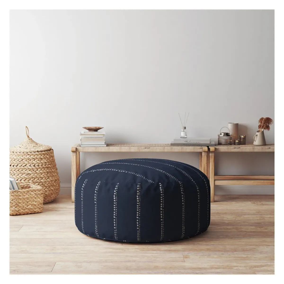 Cotton Round Striped Pouf Cover - Blue