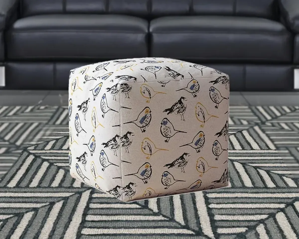 Canvas Birds Pouf Cover - Yellow / White