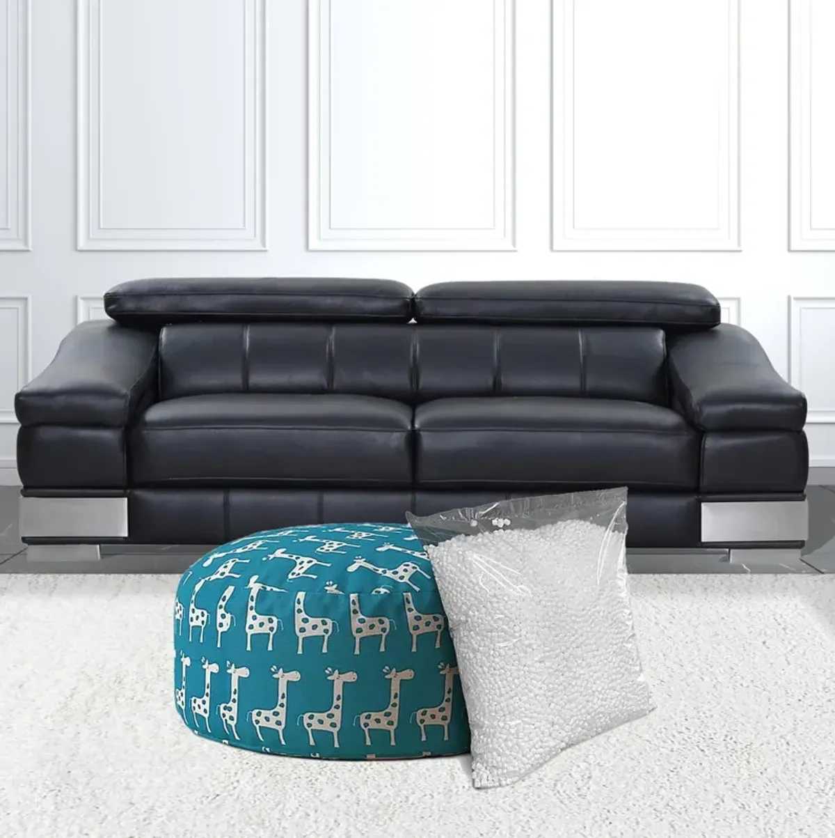 Cotton Round Giraffe Pouf Cover - Blue / White