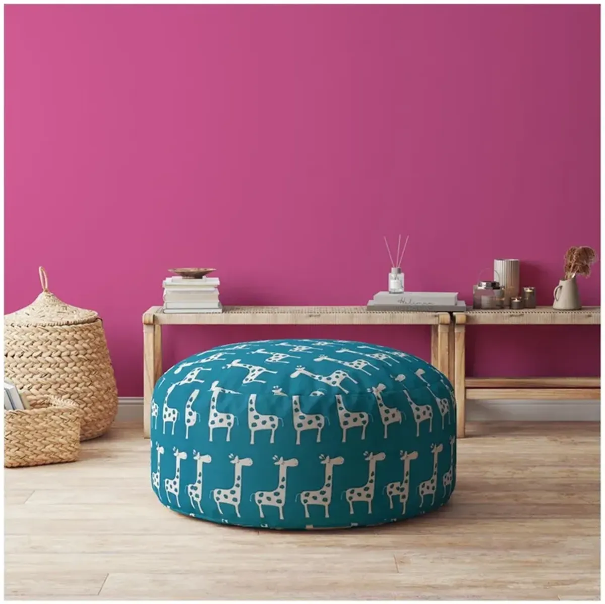 Cotton Round Giraffe Pouf Cover - Blue / White