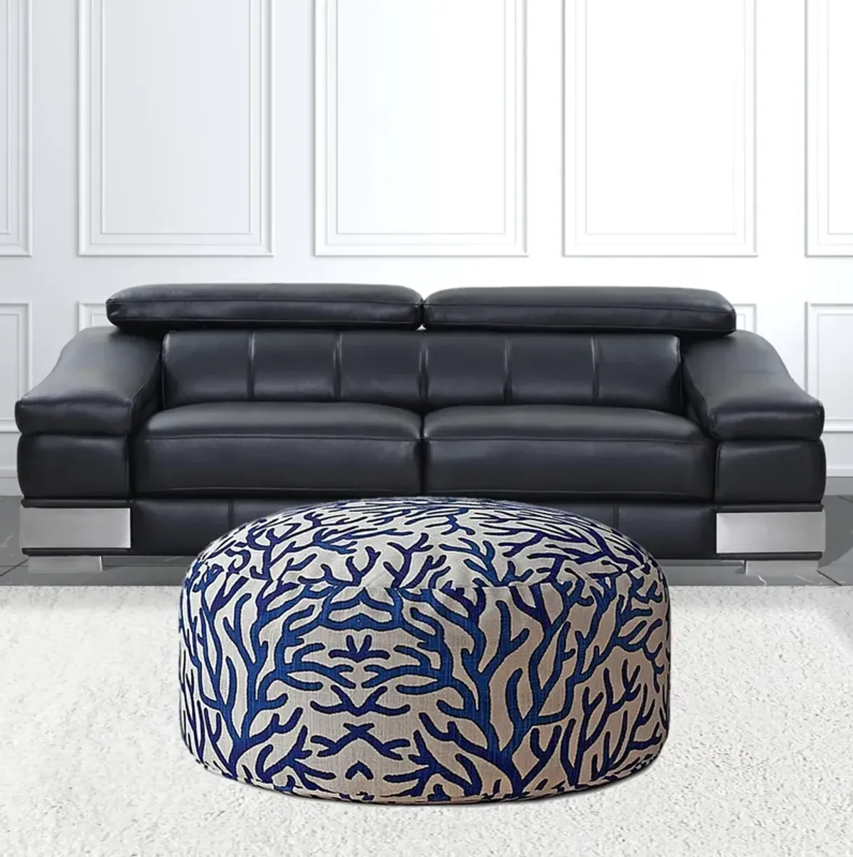 Canvas Round Abstract Pouf Cover - Blue