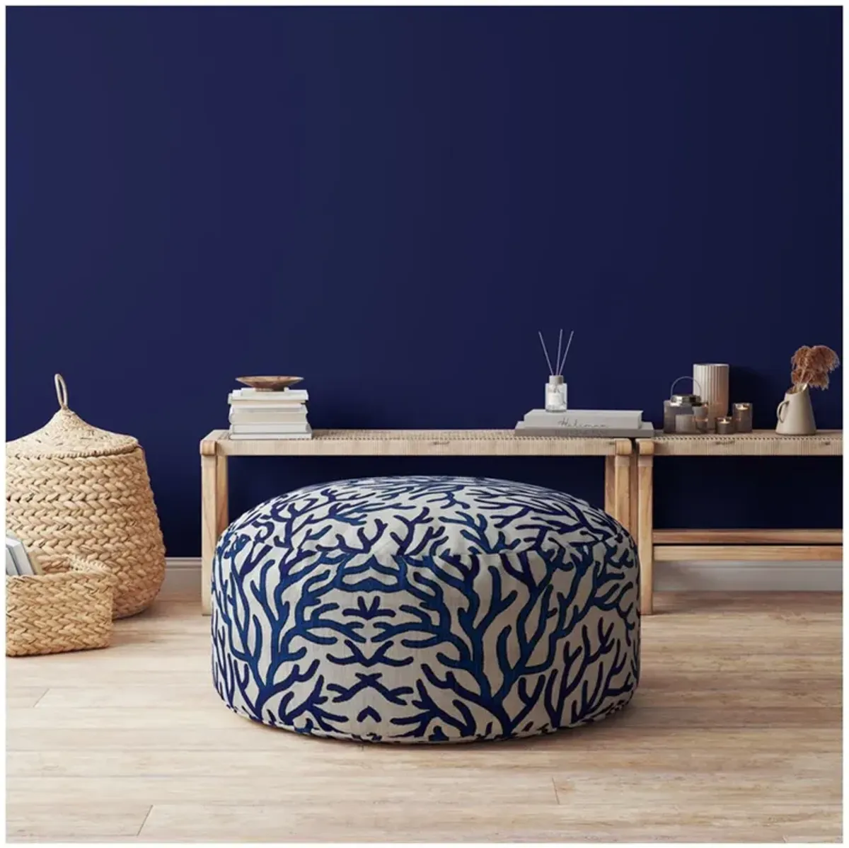 Canvas Round Abstract Pouf Cover - Blue