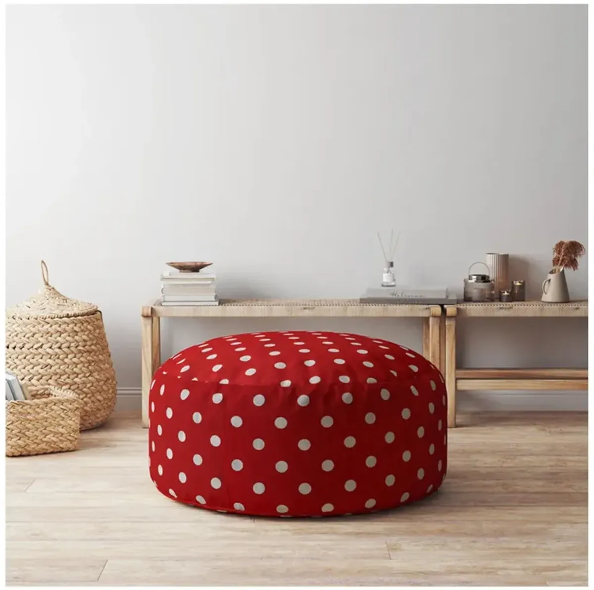 Cotton Round Polka Dots Pouf Cover - Red / White