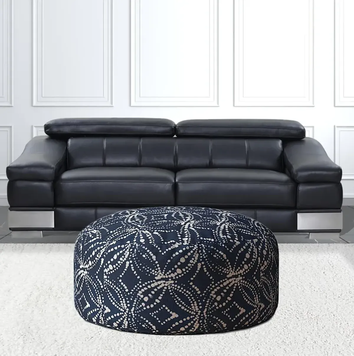 Canvas Round Damask Pouf Cover - Blue / White