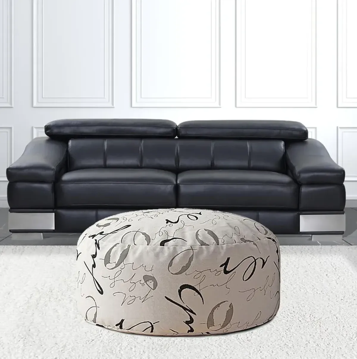 Polyester Round Abstract Pouf Cover - Black / Gray