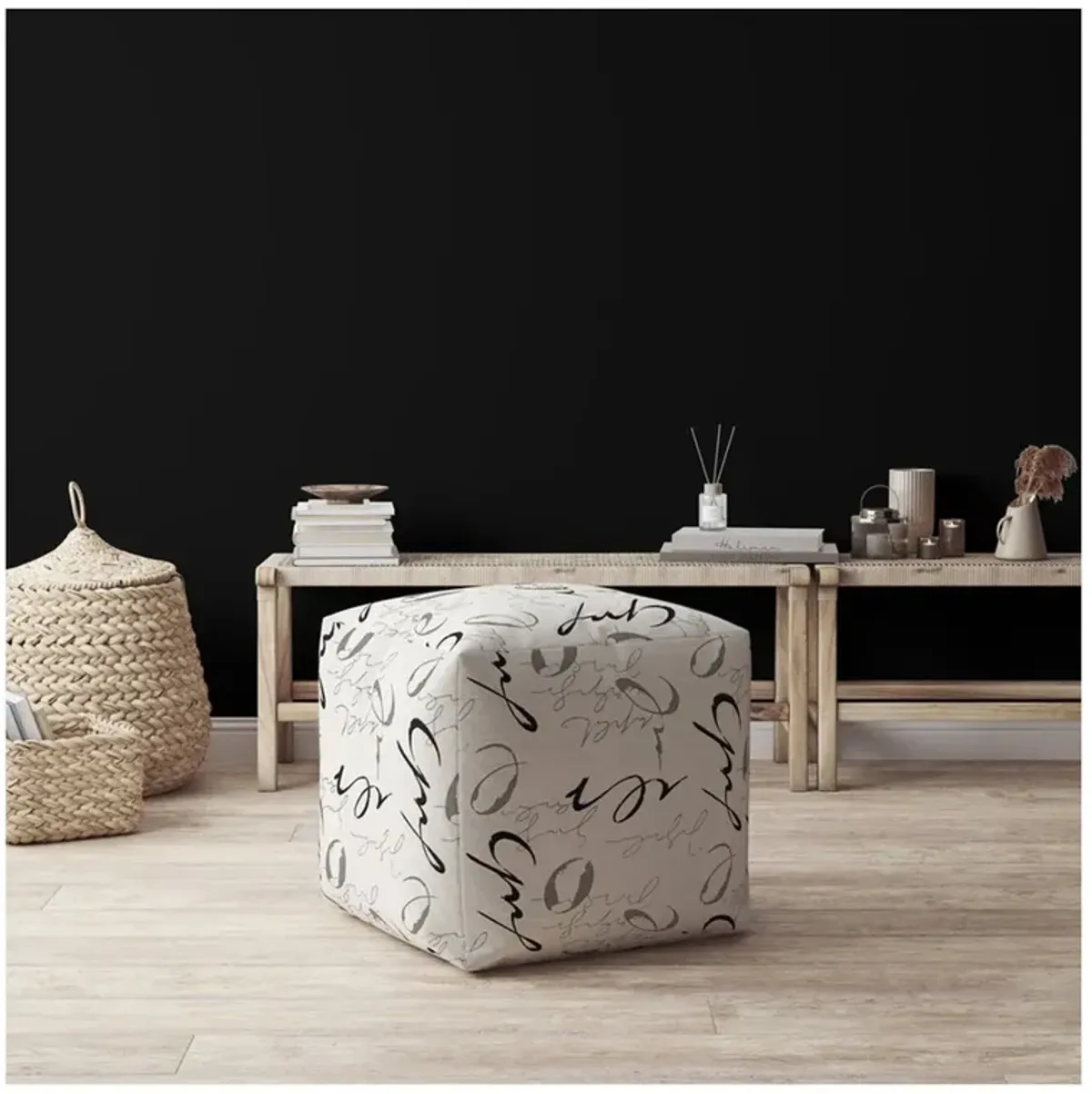 Polyester Abstract Pouf Cover - Black / Gray