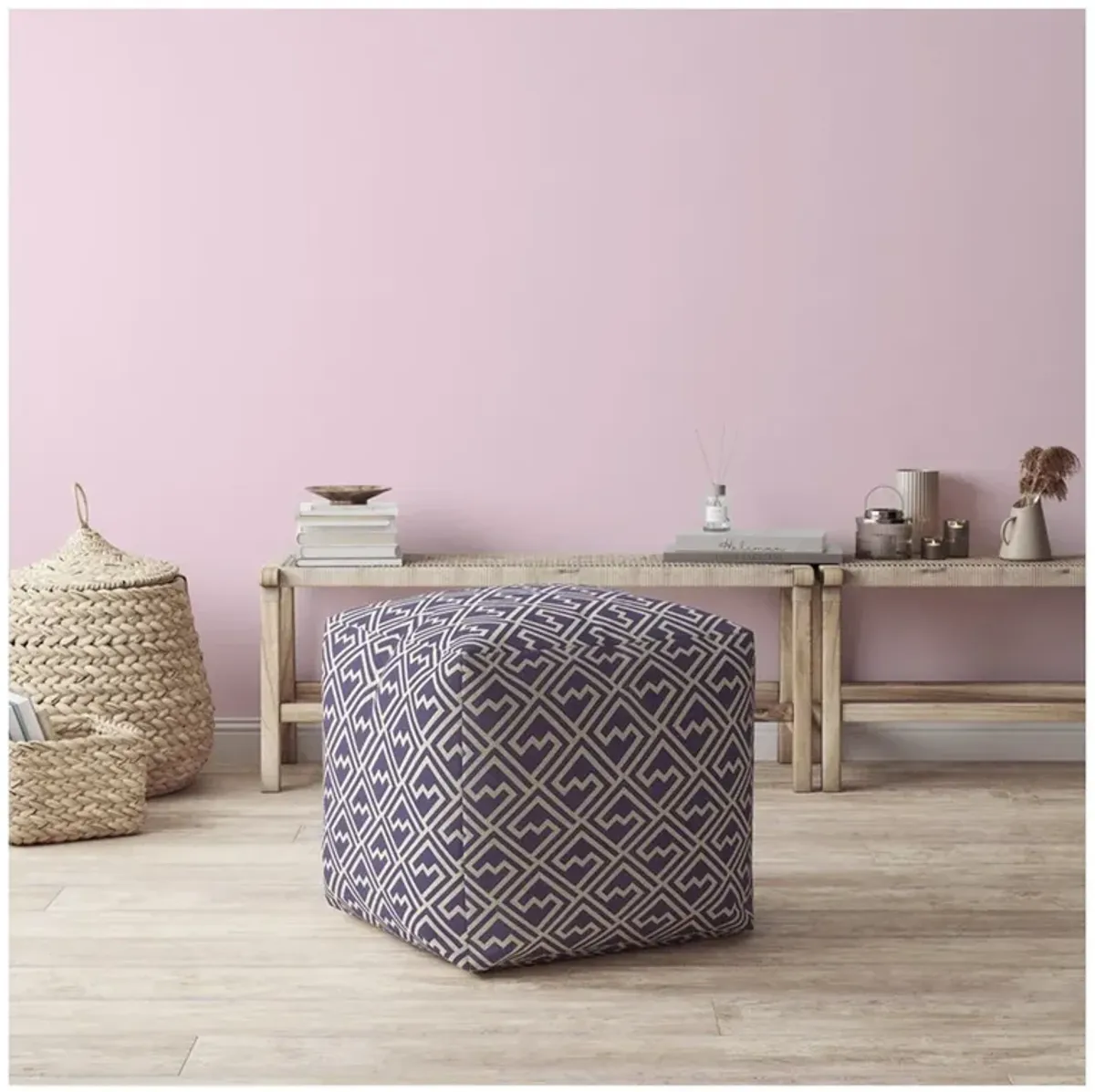 Cotton Abstract Pouf Cover - Purple / White