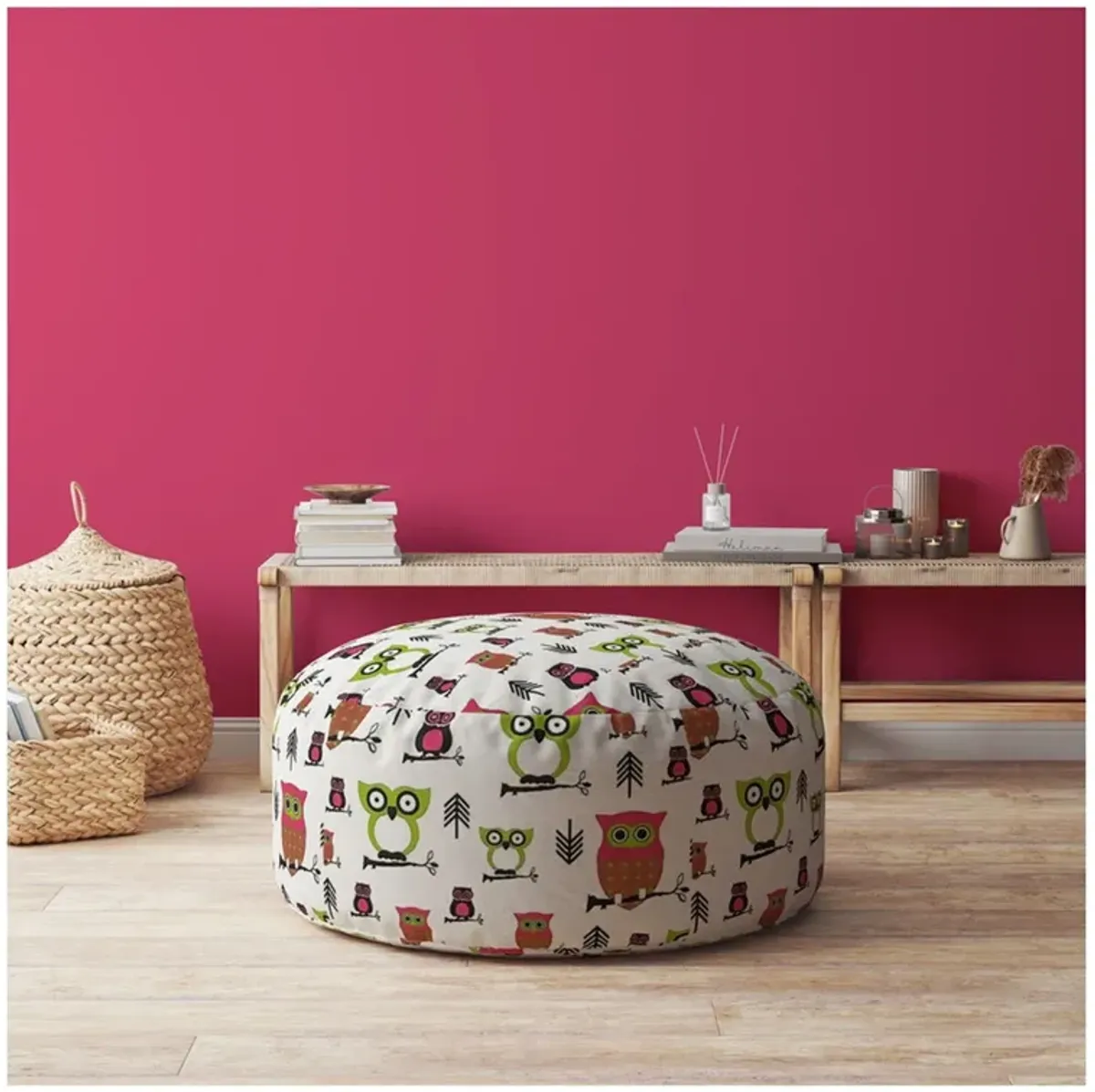 Cotton Round Owls Pouf Cover - Pink / White