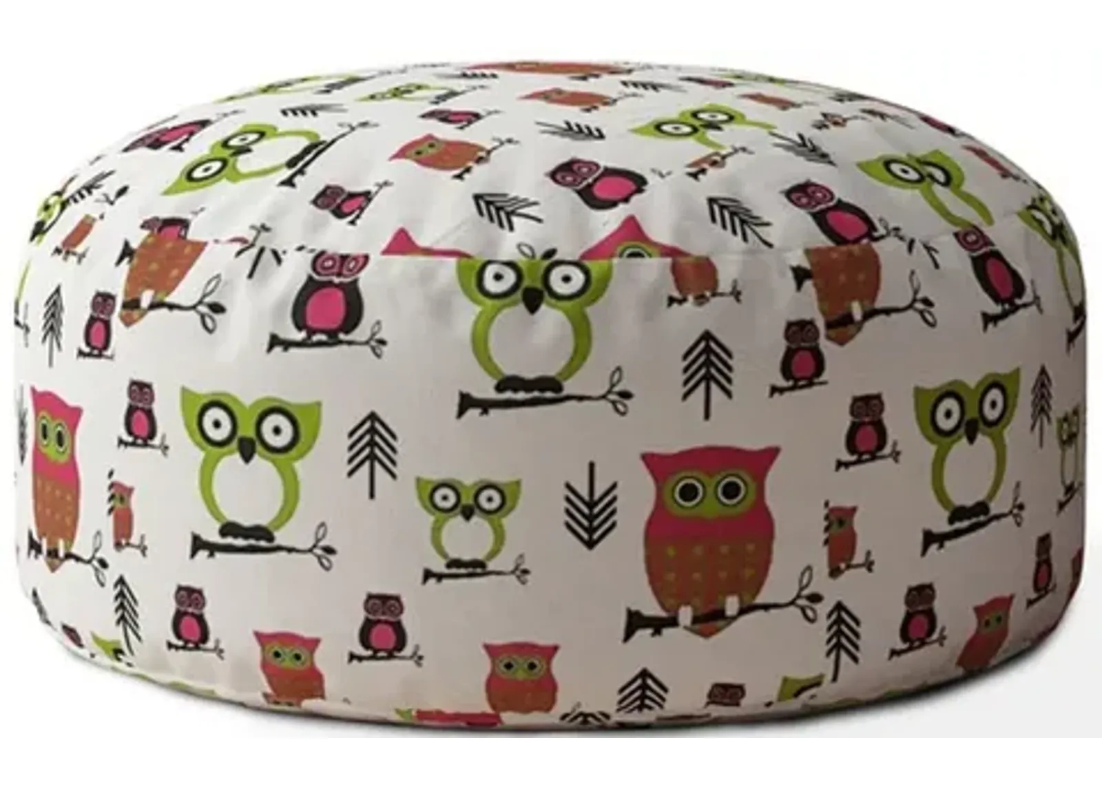 Cotton Round Owls Pouf Cover - Pink / White